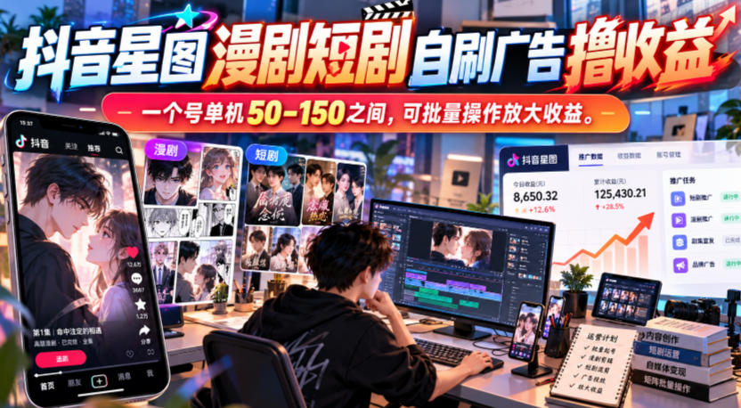 抖音星图漫剧短剧自刷广告撸收益,一个号单机50-150之间,可批量操作放大收益-我爱项目网