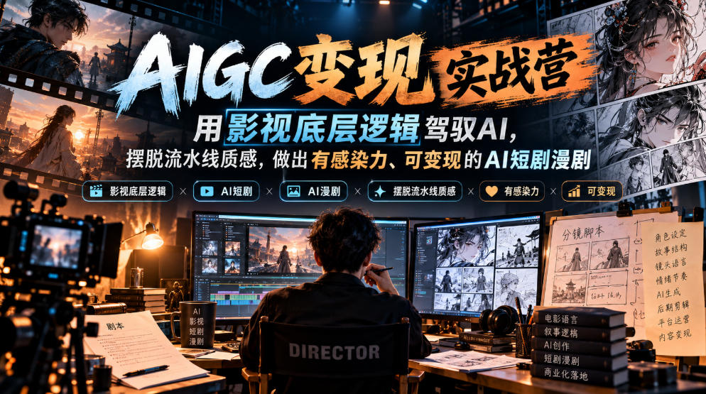 AIGC变现实战营,用影视底层逻辑驾驭AI,摆脱流水线质感,做出有感染力、可变现的AI短剧漫剧-我爱项目网
