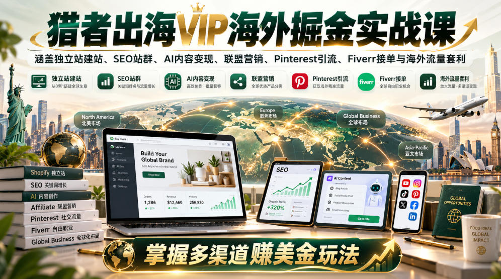 猎者出海VIP海外掘金实战课：涵盖独立站、SEO站群、AI变现、联盟营销、Pinterest引流、Fiverr接单与海外流量套利，掌握多渠道賺美金玩法-我爱项目网