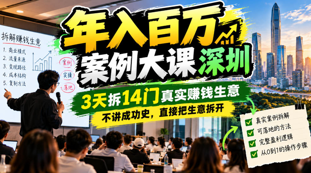 年入百W案例大课深圳,3天拆14门真实賺钱生意,不讲成功史,直接把生意拆开-我爱项目网