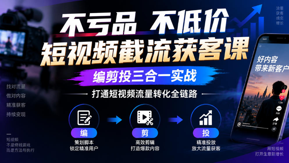 不亏品不低价短视频截流获客课，编剪投三合一实战，打通短视频流量转化全链路-我爱项目网