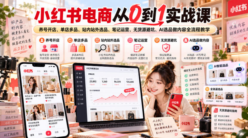小红书电商从0到1实战课｜养号开店、单店多品、站内站外选品、笔记运营、无货源避坑、AI选品做内容全流程教学-我爱项目网