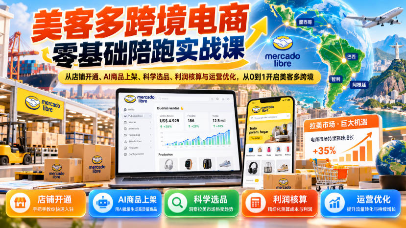 美客多跨境电商零基础陪跑实战课：从店铺开通、AI商品上架、科学选品、利润核算与运营优化，从0到1开启美客多跨境-我爱项目网