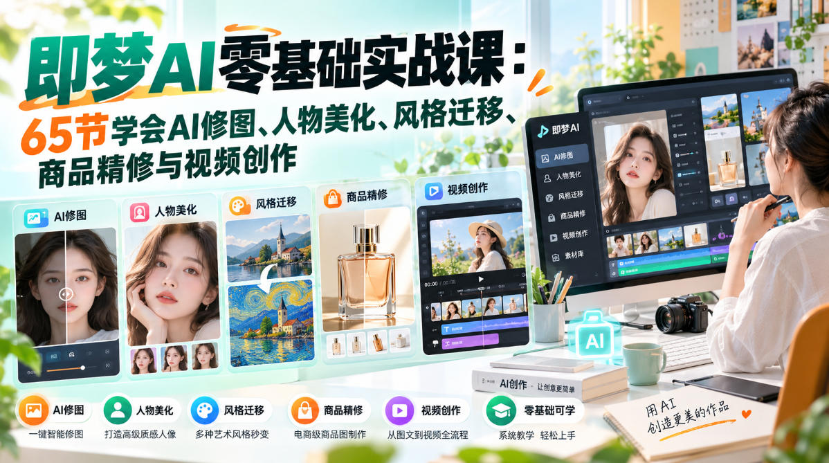 即梦AI零基础实战课:65节学会AI修图、人物美化、风格迁移、商品精修与视频创作-我爱项目网