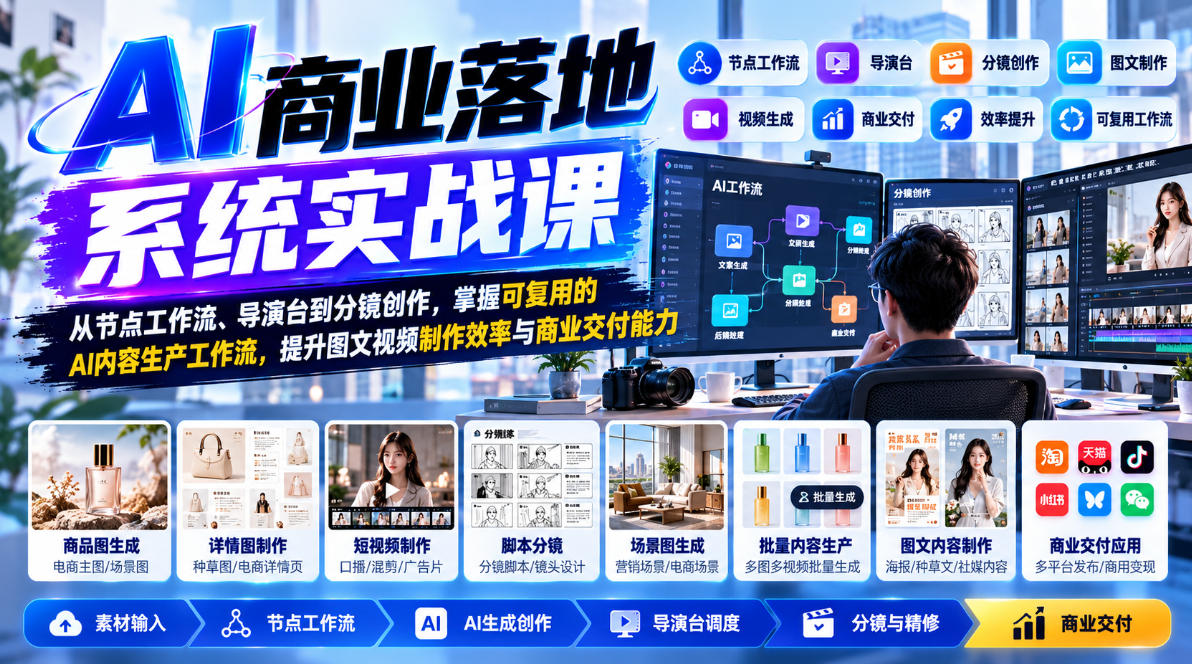 【无水印】AI商业落地系统实战课,从节点工作流、导演台到分镜创作,掌握可复用的AI内容生产工作流,提升图文视频制作效率与商业交付能力-我爱项目网