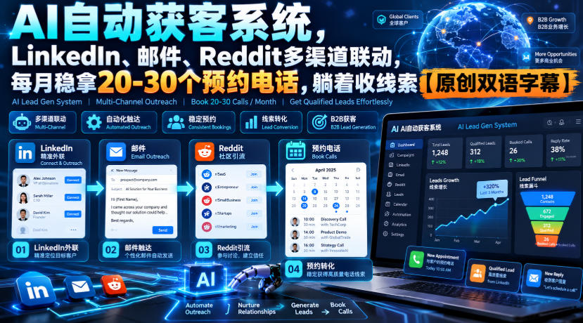 【无水印】AI自动获客系统，LinkedIn、邮件、Reddit多渠道联动，每月稳拿20-30个预约电话，躺着收线索【原创双语字幕】-我爱项目网