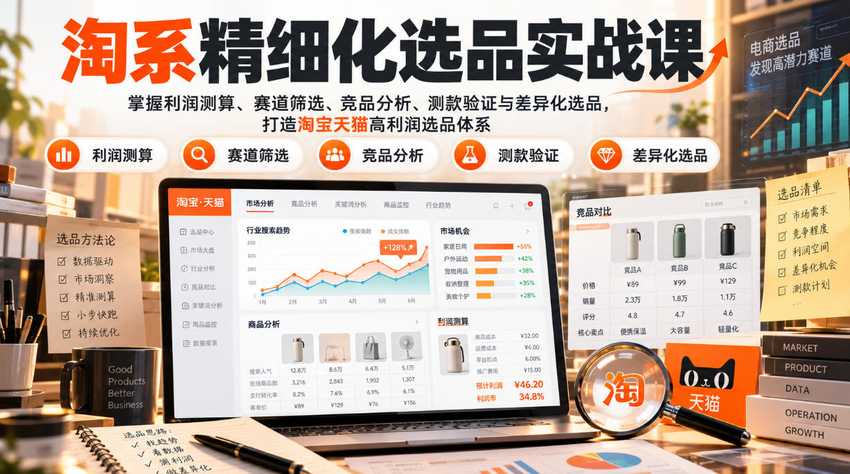 淘系精细化选品实战课：掌握利润测算、赛道筛选、竞品分析、测款验证与差异化选品，打造淘宝天猫高利润选品体系-我爱项目网