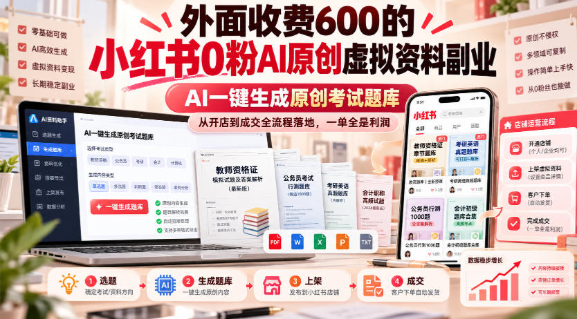 外面收费600的小红书0粉AI原创虚拟资料副业，AI一键生成原创考试题库，从开店到成交全流程落地，一单全是利润-我爱项目网