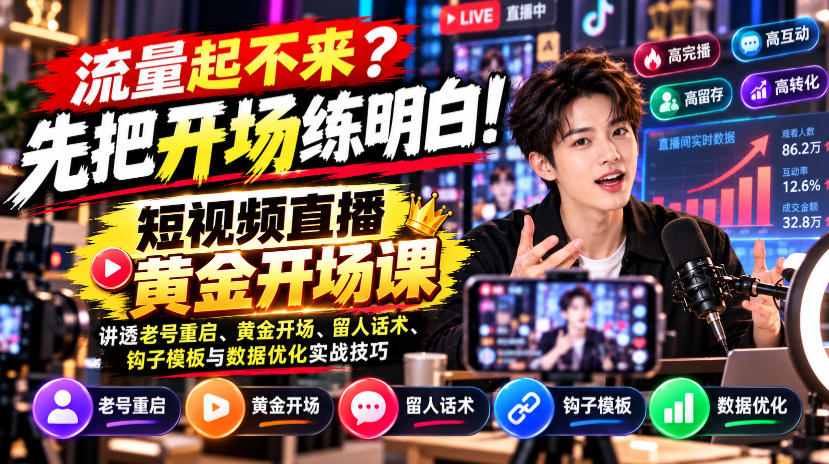 【无水印】流量起不来?先把开场练明白!短视频直播黄金开场课,讲透老号重启、黄金开场、留人话术、钩子模板与数据优化实战技巧-我爱项目网