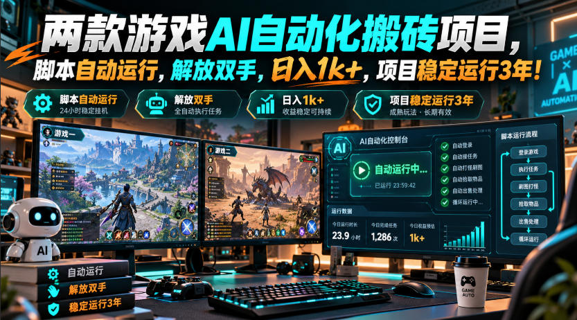 两款游戏AI自动化搬砖项目，脚本自动运行，解放双手，日入1k+，项目稳定运行3年！-我爱项目网