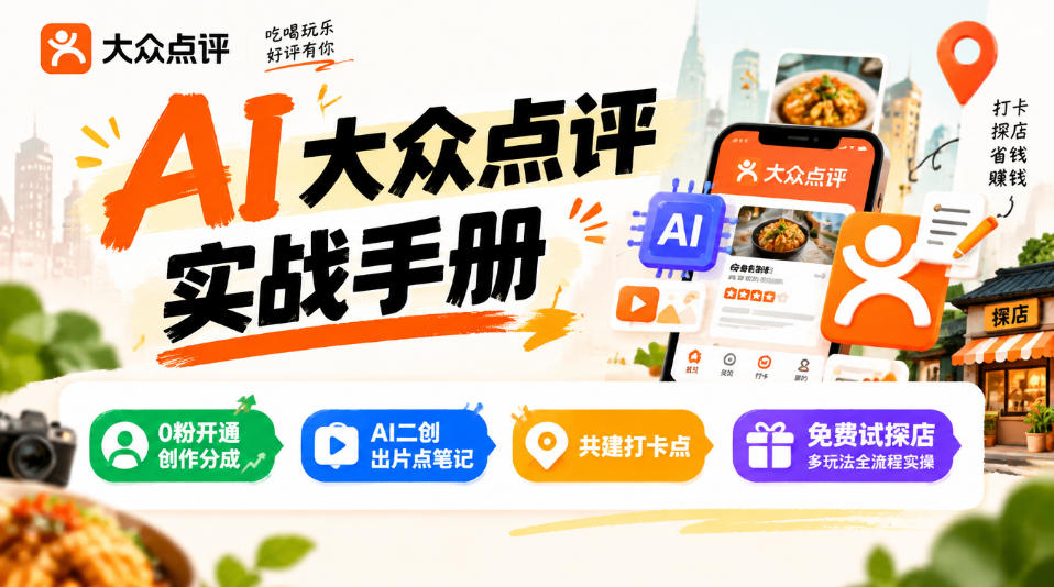 某局的AI大众点评实战手册，0粉开通创作分成、AI二创出片点笔记、共建打卡点、免费试探店多玩法全流程实操-我爱项目网