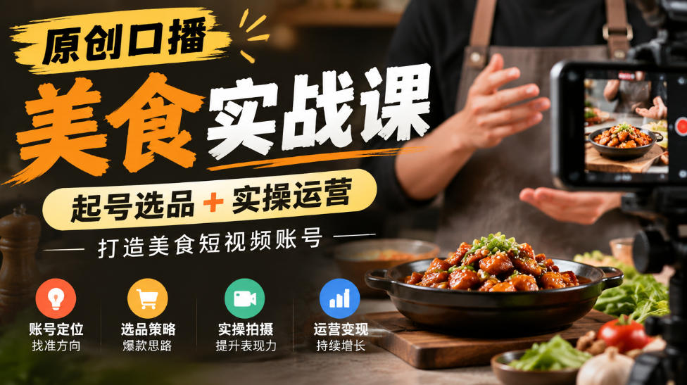 原创口播美食实战课，起号选品+实操运营，打造美食短视频账号-我爱项目网