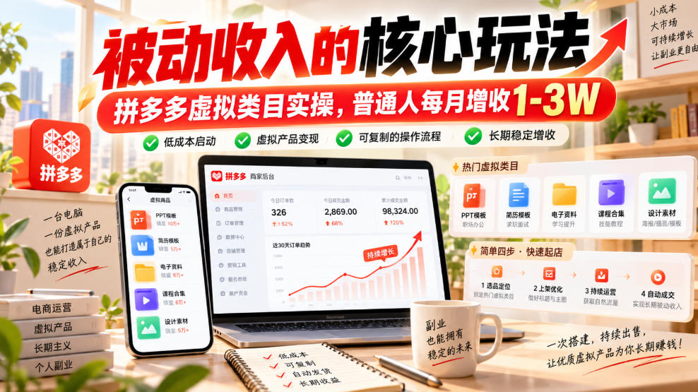 被动收入的核心玩法，拼多多虚拟类目实操，普通人每月增收1-3W【揭秘】-我爱项目网