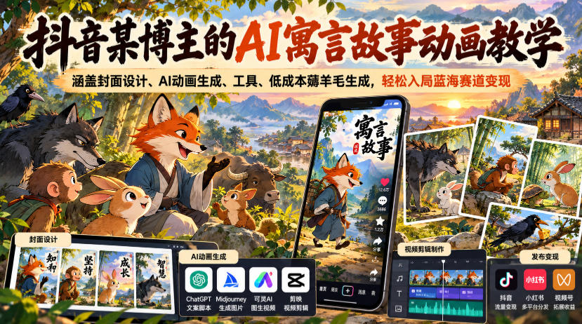 抖音某博主的AI寓言故事动画教学，涵盖封面设计、AI动画生成、工具、低成本薅羊毛生成，轻松入局蓝海赛道变现-我爱项目网