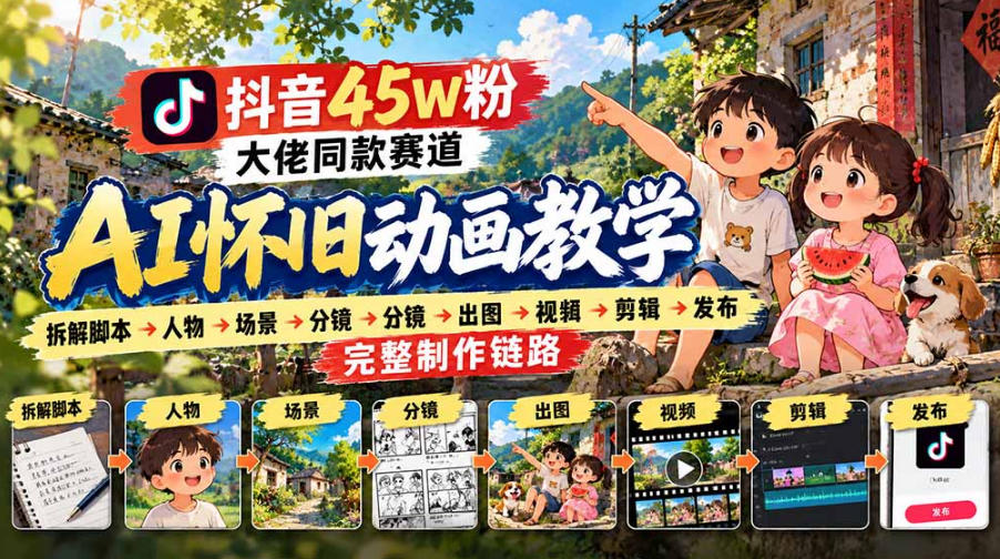 抖音45W粉大佬同款赛道AI怀旧动画实战课:拆解脚本→人物→场景→分镜→出图→视频→剪辑→发布完整制作链路-我爱项目网