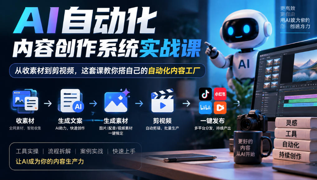 AI自动化内容创作系统实战课，从收素材到剪视频，这套课教你搭自己的自动化内容工厂-我爱项目网