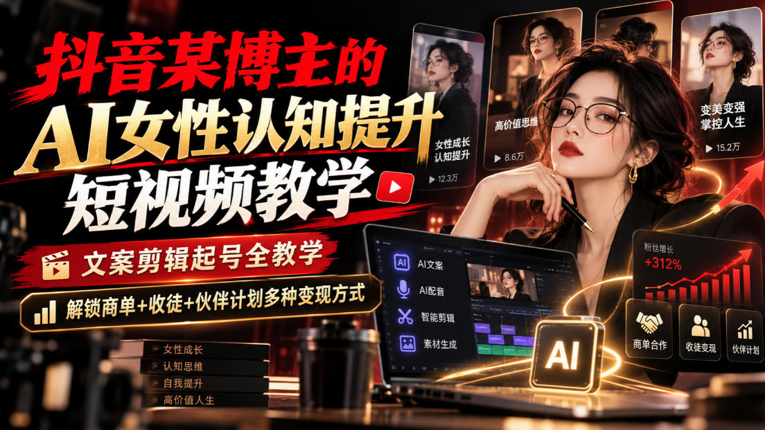 抖音某博主的Ai女性认知提升短视频教学,文案剪辑起号全教学,解锁商单+收徒+伙伴计划多种变现方式-我爱项目网
