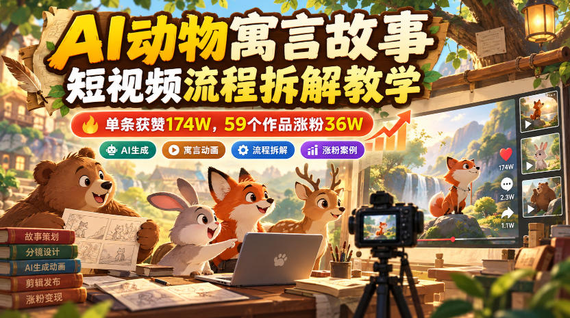 AI动物寓言故事短视频流程拆解教学，单条获赞174W，59个作品涨粉36W-我爱项目网