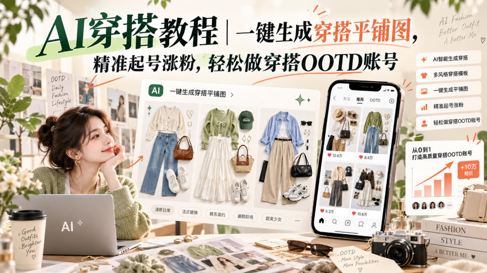 AI穿搭教程|一键生成穿搭平铺图,精准起号涨粉,轻松做穿搭OOTD账号-我爱项目网