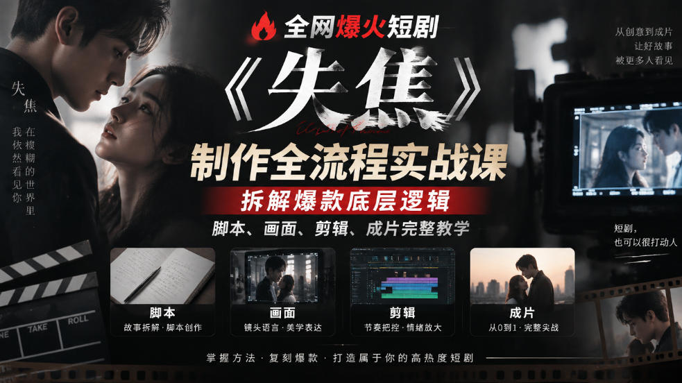 全网爆火短剧《失焦》制作全流程实战课|拆解爆款底层逻辑,脚本、画面、剪辑、成片完整教学-我爱项目网