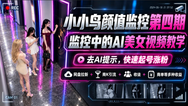 小小鸟颜值监控第四期，监控中的AI美女视频教学，去AI提示，快速起号涨粉，网盘拉新+商K引流+收徒+商单等多种收益-我爱项目网