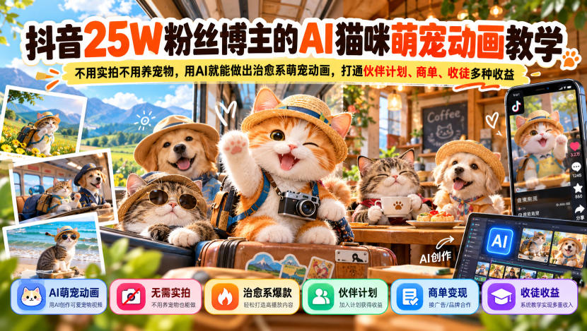 抖音25W粉丝博主的AI猫咪萌宠动画教学，不用实拍不用养宠物，用AI就能做出治愈系萌宠动画，打通伙伴计划、商单、收徒多种收益-我爱项目网