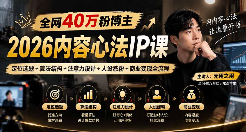 【无水印】全网40W粉博主的2026内容心法IP课,定位选题+算法结构+注意力设计+人设涨粉+商业变现全流程-我爱项目网