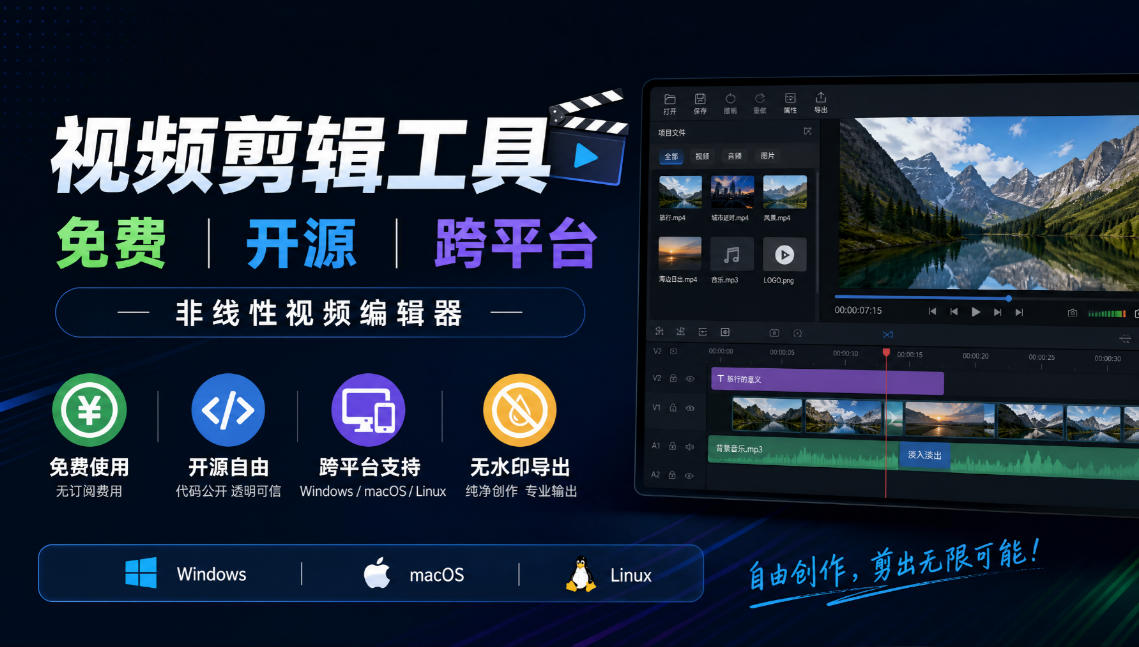 视频剪辑工具，免费、开源、跨平台，非线性视频编辑器，支持Windows、macOS、Linux，无水印、无订阅费用-我爱项目网