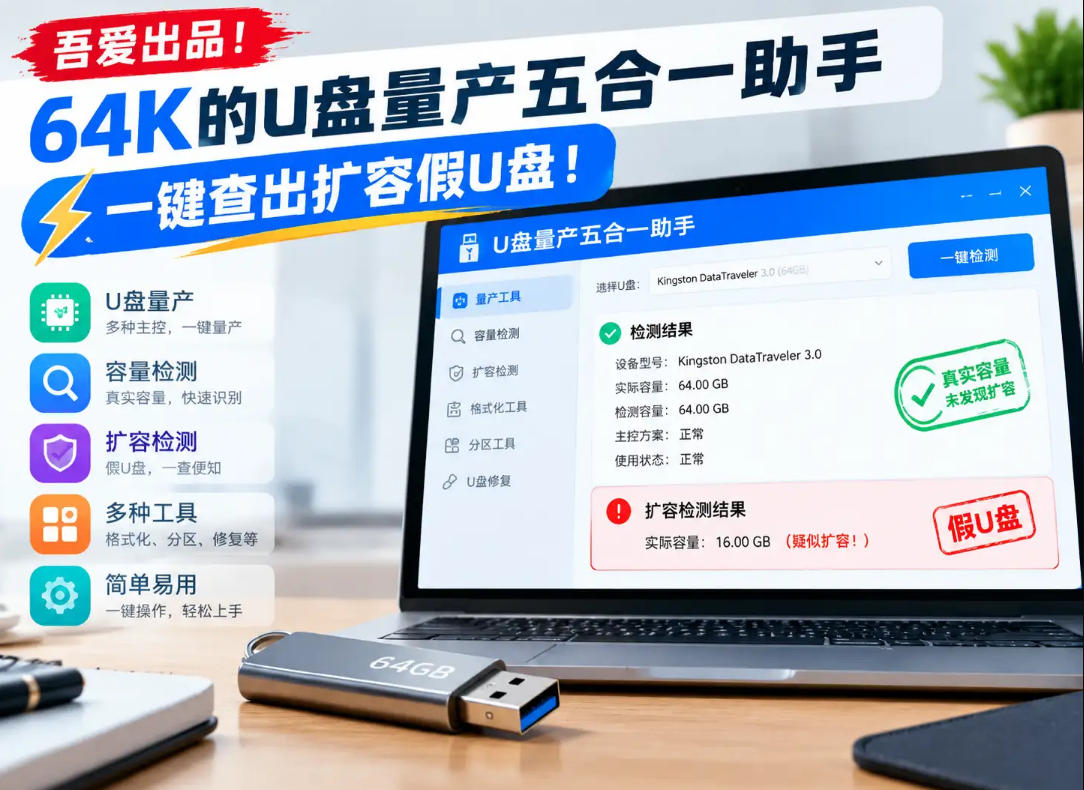 吾爱出品!64K的U盘量产五合一助手,一键查出扩容假U盘!-我爱项目网