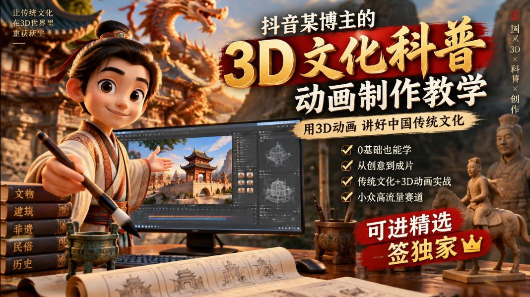 抖音某博主的3D文化科普动画制作教学，用3D动画呈现中国传统文化，可进精选签独家，单日收益1k+-我爱项目网