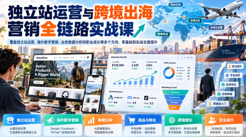 独立站运营与跨境出海营销全链路实战课，覆盖独立站运营、海外数字营销、业务数据分析和职业成长等多个方向，零基础到实战全面提升-我爱项目网