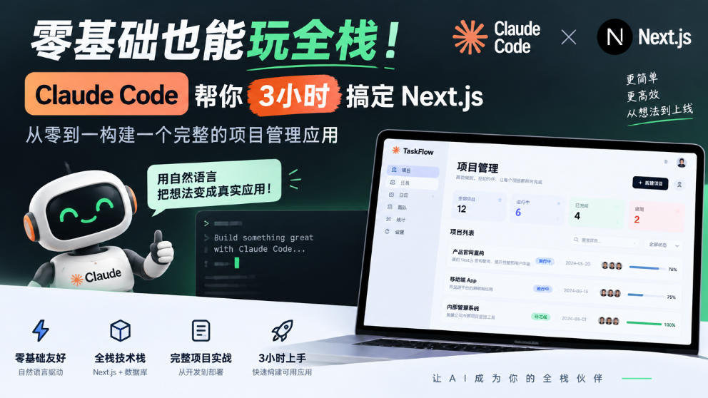 零基础也能玩全栈！Claude Code帮你3小时搞定Next.js，从零到一构建一个完整的项目管理应用【原创双语字幕】-我爱项目网