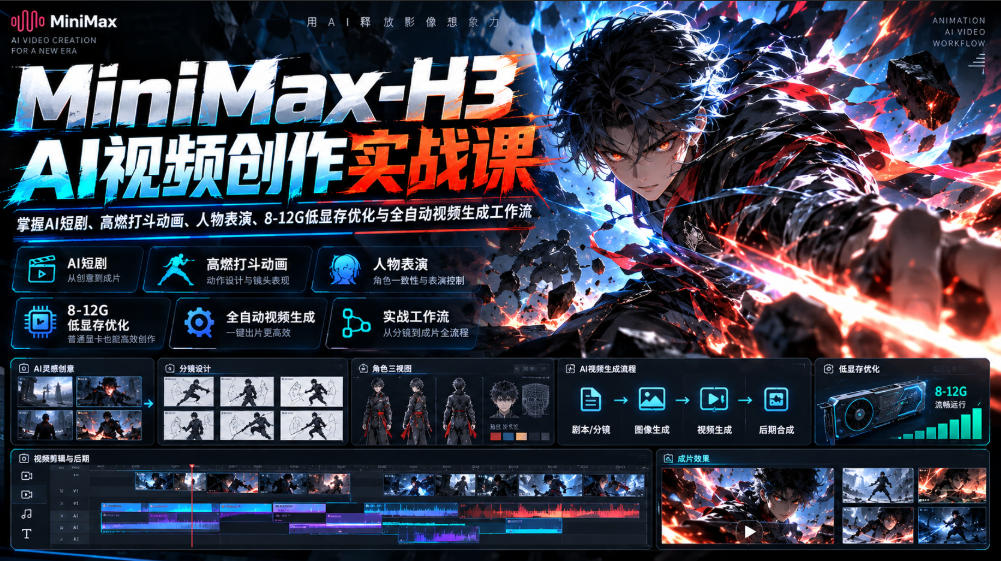 MiniMax-H3 AI视频创作实战课，掌握AI短剧、高燃打斗动画、人物表演、8-12G低显存优化与全自动视频生成工作流-我爱项目网