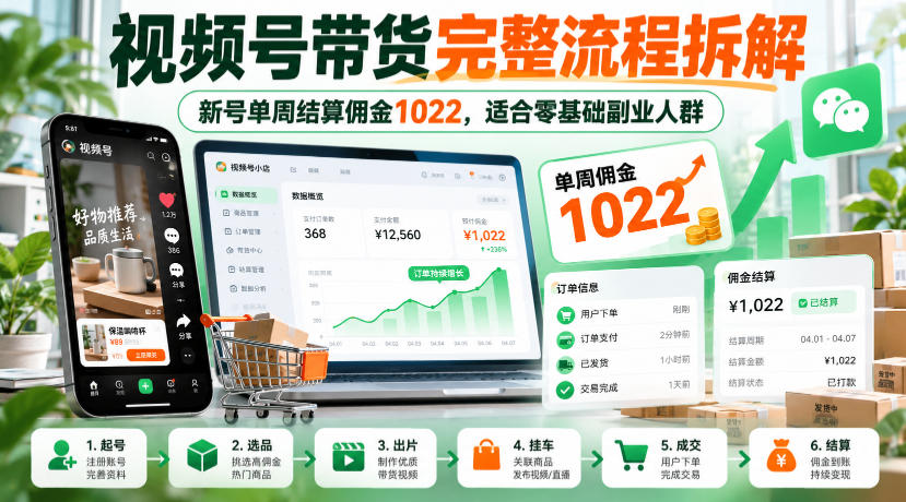 视频号带货完整流程拆解，新号单周结算佣金1022，适合零基础副业人群-我爱项目网