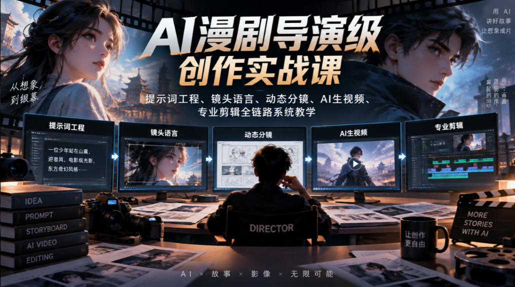 AI漫剧导演级创作实战课｜提示词工程、镜头语言、动态分镜、AI生视频、专业剪辑全链路系统教学-我爱项目网