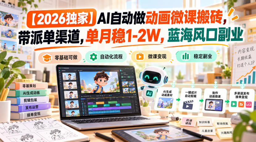 【2026独家】AI自动做动画微课搬砖，带派单渠道，单月稳1-2W，蓝海风口副业【揭秘】-我爱项目网