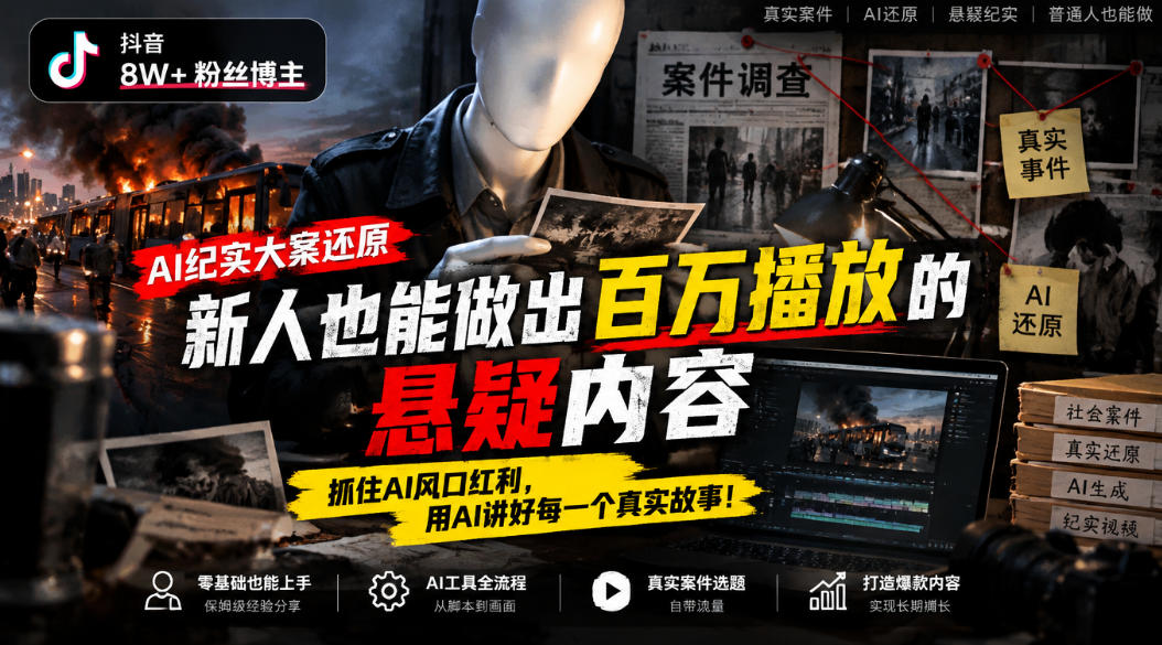 抖音8W粉丝博主的AI纪实大案还原教学，新人也能做出百W播放的悬疑内容，抓住AI风口红利，用AI讲好每一个真实故事-我爱项目网