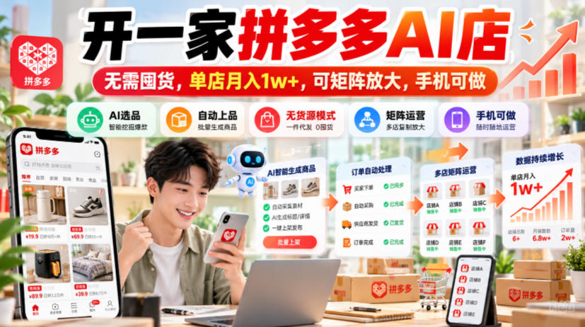 开一家拼多多AI店，无需囤货，单店月入1w+，可矩阵放大，手机可做【揭秘】-我爱项目网