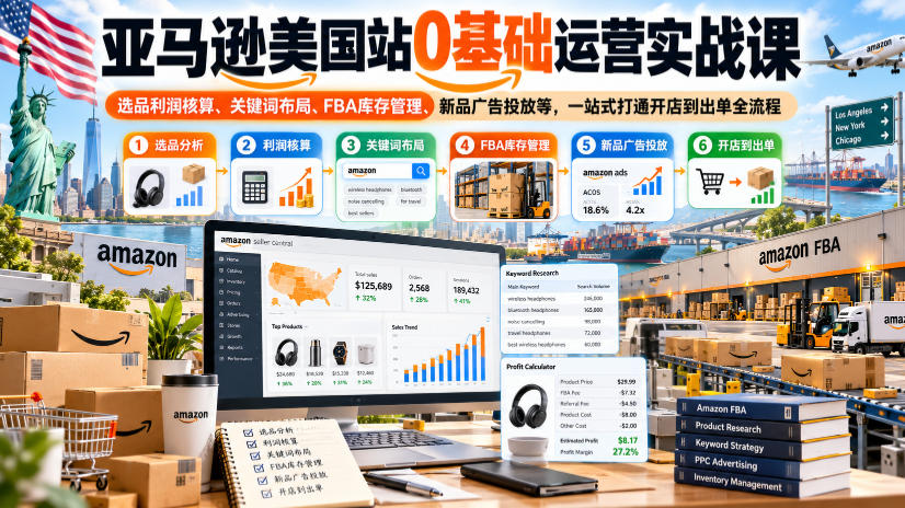 亚马逊美国站0基础运营实战课｜选品利润核算、关键词布局、FBA库存管理、新品广告投放等，一站式打通开店到出单全流程-我爱项目网