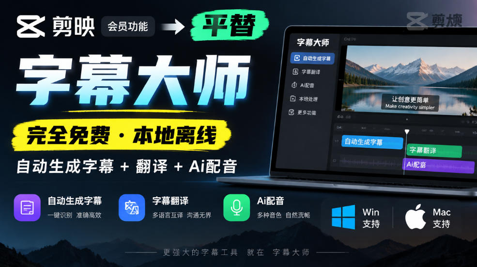 剪映会员功能平替,字幕大师完全免费本地离线,支持自动生成字幕+翻译+Ai配音,Win和Mac都支持!-我爱项目网