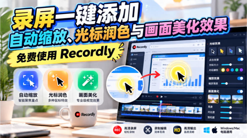 录屏一键添加自动缩放、光标润色与画面美化效果，免费使用Recordly-我爱项目网