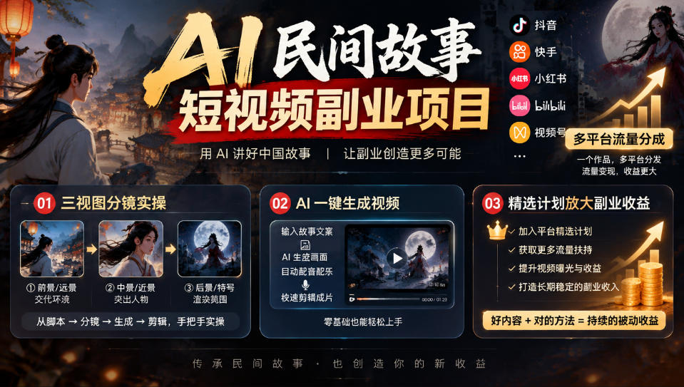 AI民间故事短视频副业项目，多平台流量分成，三视图分镜实操，精选计划放大副业收益-我爱项目网
