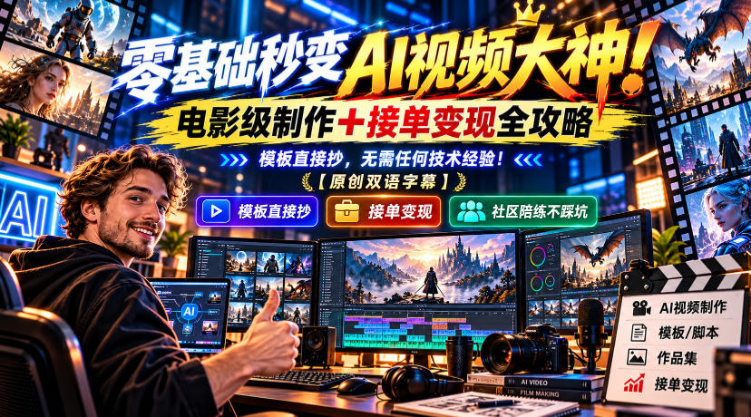 零基础秒变AI视频大神！电影级制作+接单变现全攻略，模板直接抄，无需任何技术经验！【原创双语字幕】-我爱项目网