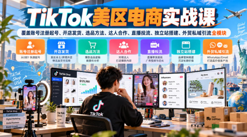 TikTok美区电商实战课，覆盖账号注册起号、开店发货、选品方法、达人合作、直播投流、独立站搭建、外贸私域引流全模块-我爱项目网