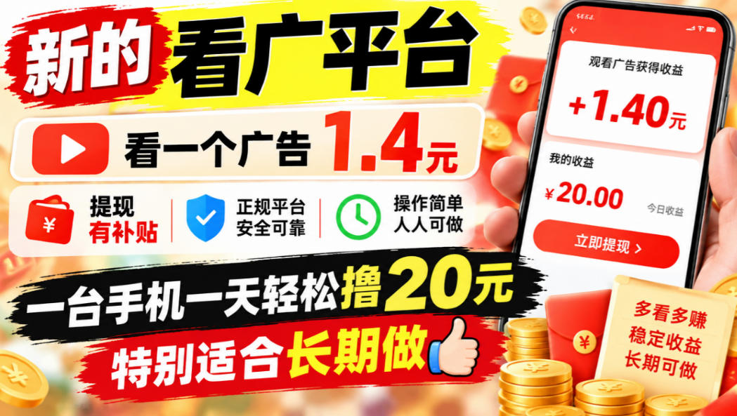 一个新的看广平台，看一个广告1.4元，提现有补贴,一台手机一天轻松撸20+，特别适合长期做【揭秘】-我爱项目网