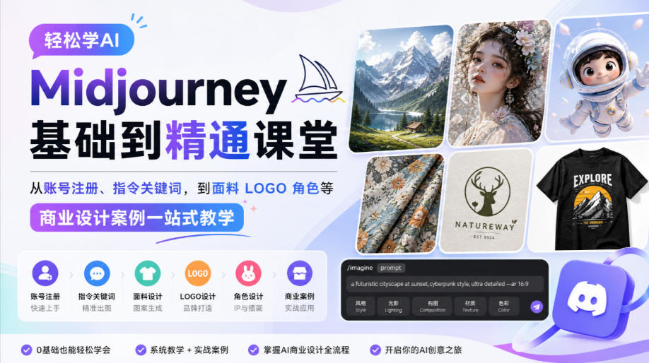 轻松学AI Midjourney基础到精通课堂，从账号注册、指令关键词，到面料LOGO角色等商业设计案例一站式教学-我爱项目网