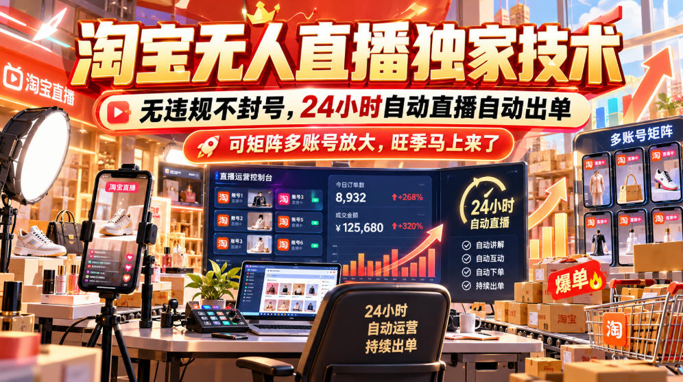 淘宝无人直播独家技术，无违规不封号，24小时自动直播自动出单，可矩阵多账号放大，旺季马上来了【揭秘】-我爱项目网