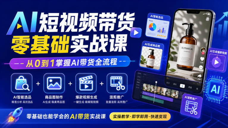 AI短视频带货零基础实战课｜AI智能选品+商品图制作+爆款视频生成+混剪推广，从0到1掌握AI带货全流程-我爱项目网