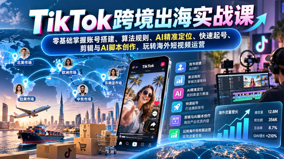 TikTok跨境出海实战课：零基础掌握账号搭建、算法规则、AI精准定位、快速起号、剪辑与AI脚本创作，玩转海外短视频运营-我爱项目网