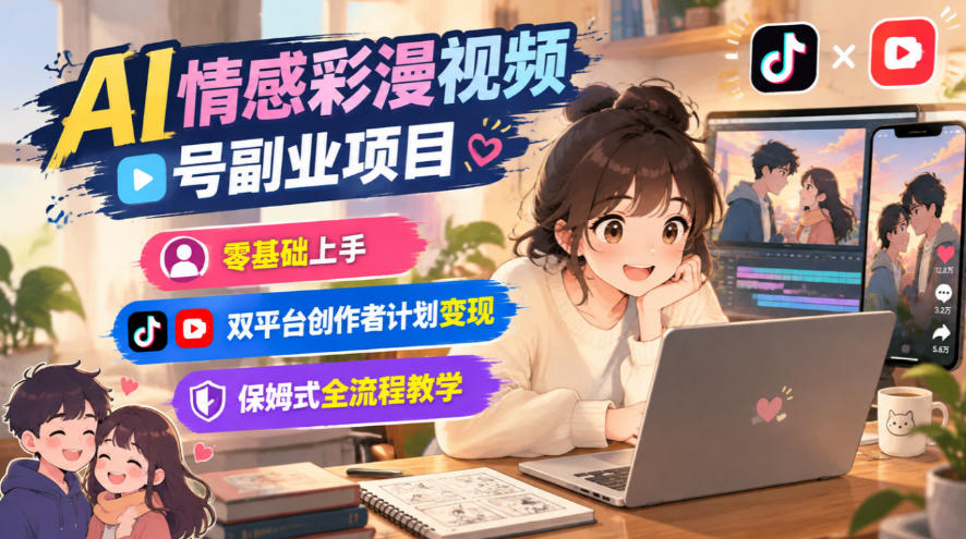 AI情感彩漫视频号副业项目，零基础上手，双平台创作者计划变现，保姆式全流程教学-我爱项目网